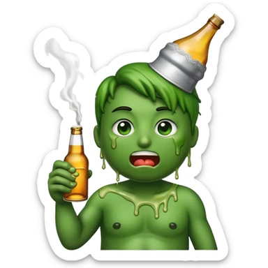 A puke emoji holding a lit cigarette in one hand and a beer bottle in the other sticker