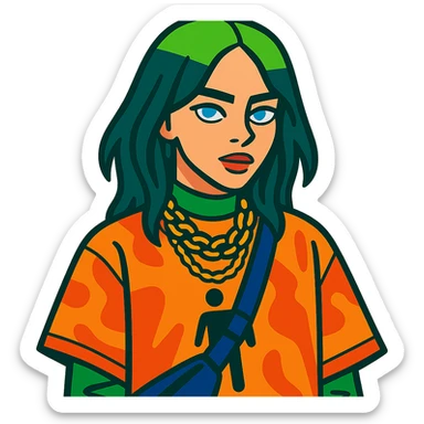 Billie Eilish with blue eyes, green roots, unique fashion, vibrant toon style sticker