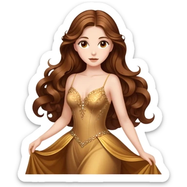 Cinematic Stunning Belle Portrait Emoji, Deep brown eyes full of curiosity, long chestnut hair flowing in soft waves, wearing her golden ballroom gown, glowing with warmth and elegance, a princess whose beauty is as radiant as her mind! sticker