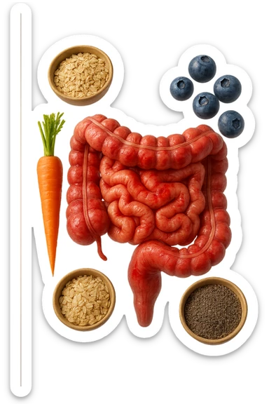 intestino umano anatomico infiammato al centro con carota, bowl di avena, mirtilli, bowl di semi di chia che gli fluttuano intorno , iperrealistico 4k sticker