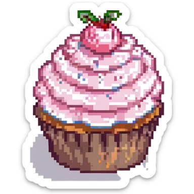 pixel art cupcake with pink icing and a cherry on top sticker