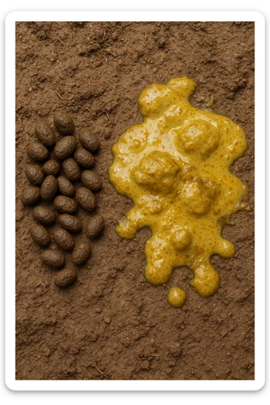feci di animale a palline viste dall'alto e feci di animale liquide e gialline viste dall'alto, iperrealistico 4k sticker
