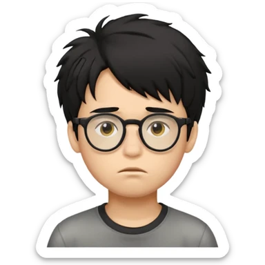 
young boy, 18 years old, messy black hair, glasses, sad face emoji sticker