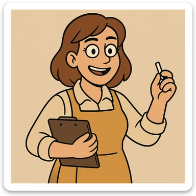 teacher with medium brown hair and brown eyes, wearing a mustard-colored apron, cartoon style sticker
