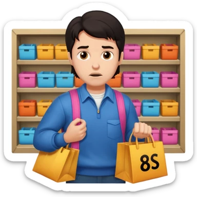 a man in 80s clothes, no mask, escaping a shop with loot, worried face, cartoon style, dark hair sticker