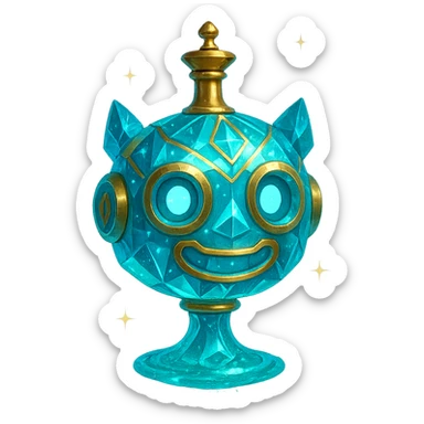premium crystal elixir bottle shaped like a friendly robot head, cyan color, lots of glowing, facets, ornaments, golden details, magical effects, very small golden neck, transparent background, beautiful merging base, clearly floating in air, no ground or shadow, very luxurious, playful, fits in a collection sticker