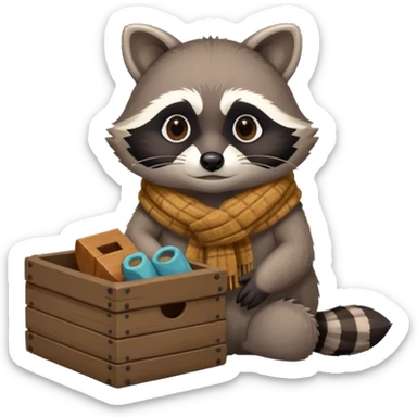 A raccoon with worn-out scarf, sitting next to a tiny box of collected belongings, staring curiously with round sad eyes.
 sticker