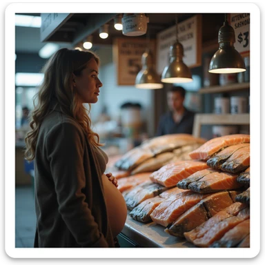 realistic pregnant woman in 4K talking to a fishmonger in front of a sign that says: 'Attention, consuming raw salmon may pose risks during pregnancy' sticker