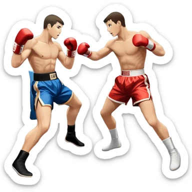 An icon symbolizing kickboxing, featuring two fighters in the ring. One throws a powerful high kick, while the other counters with a punch. The background shows a boxing ring with ropes and a crowd in the distance. Transparent background emphasizes the dynamic energy sticker