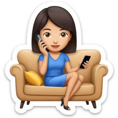 asian woman is sitting on the sofa and playing mobile phone sticker