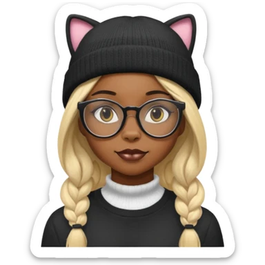 black skin, Blonde girl wearing cat  glasses and beanie, long hair sticker