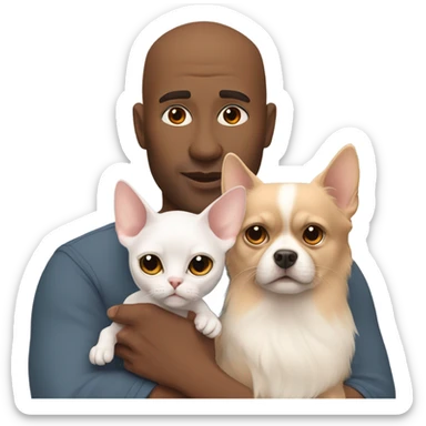 White, bald man is holding a grey, small sphinx cat and woman with dark, straight hair is holding orange, fluffy Pomeranian dog sticker