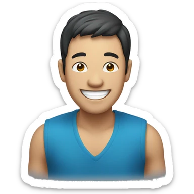 Asian man laughing, blue cloth, big smile,wide shoulder sticker