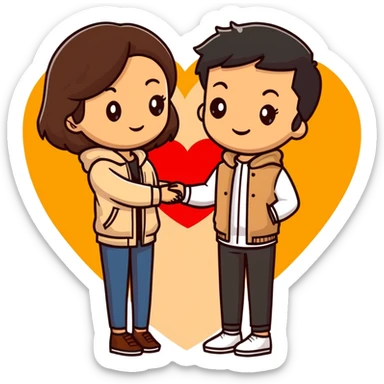 A couple with dark brown hair and mixed skin tone inside a white heart, both wearing beige clothes sticker