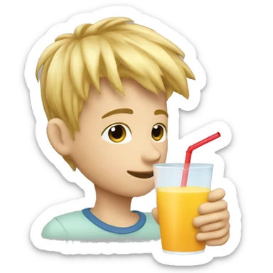 A blonde boy sucking juice with a straw while his hand is holding the drink, profile view sticker
