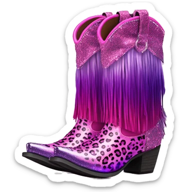 Realistic hot pink to purple ombre leopard print pair of fashion cowgirl boots with sparkly shiny glitter fringe on them. sticker