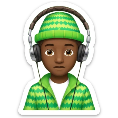 Create me an emoji of a cool Young Nigerian prince wearing a neon green gradient African patterns with  a hula hat (a Nigerian-inspired hat) and wearing cool headphones. sticker