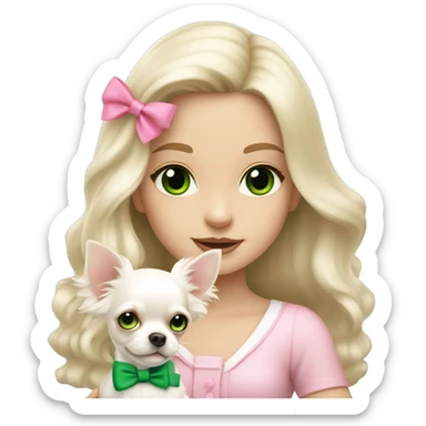 pale blond girl with wavy long platinum hair with green eyes holding a white chihuahua puppy that wearing a pink bow sticker