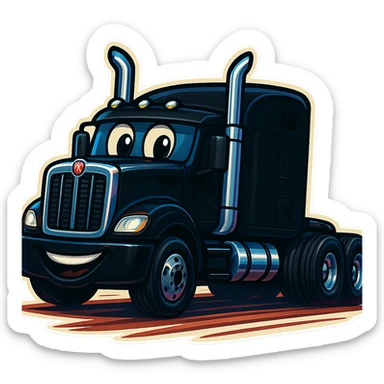 Black Kenworth W680 cartoon truck rolling down the road with chrome stacks, cheerful and dynamic expression, visible road and motion effects enhancing the sense of movement. sticker