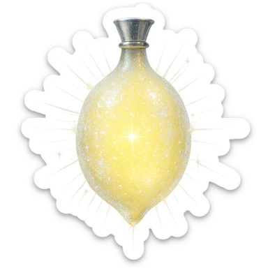 frozen lemon-shaped luxurious elixir bottle, frosty pale yellow color, icy sparkling effects, iridescent and silver details, intense magical glowing, very small neck, seamless bottom, transparent background, floating, no base or shadow, modern, matching a collection sticker