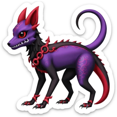 Gothic Black red purple Scaley Exotic Salandit-Umbreon-Noibat-Houndoom-Fakémon-hybrid-creature (full body), 4 legs, skull face mask sticker