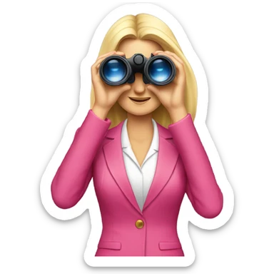 white female employee with loose blonde hair wearing intensive color pink suit looking in binoculars sticker