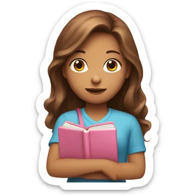 Girl with long brown hair holding one pink math book sticker