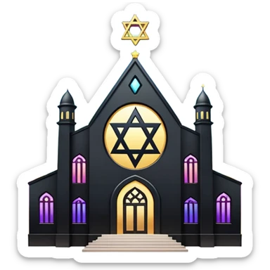 jewish synagogue temple in dark goth aesthetic style with black building and light rainbow tint glass windows and star of david and celestial symbolism sticker