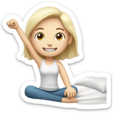 Happy pale girl wakes up in bed and stretches hands up in the air  sticker