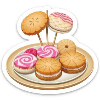 A combination of fish cake with pink swirl (narutomaki), rice cracker (senbei), and dango on a stick arranged together as a Japanese food plate sticker