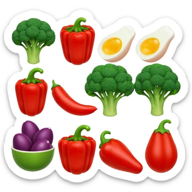 3D food emoji, glossy, smooth shapes, premium style,
broccoli, red bell pepper, rice bowl, chicken breast,
boiled eggs, vitamins bottle,
light warm background
 sticker