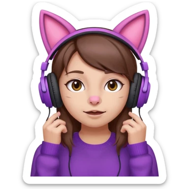 une fille avec des écouteurs de chat rose et des cheveux brun qui fais une grimasse chandaille mauve sticker