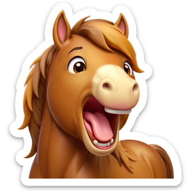 Cinematic Cute Yawning Bay Horse Portrait Emoji, Head tilted slightly with a dramatic, wide-open yawn, revealing a smooth bay fur with a subtle luster, floppy ears slightly drooping, round amber eyes barely open in drowsy contentment, Simplified yet irresistibly adorable features, highly detailed, glowing with a soft, cozy glow, high shine, relaxed yet expressive, stylized with a touch of equine whimsy, bright and endearing, soft glowing outline, capturing the essence of a sleepy yet affectionate horse, so drowsy it feels like it could stretch out of the screen and curl up for a nap! sticker