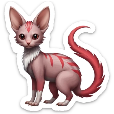 Furry, fluffy feathery scaly, Minccino-Sphynx-Lykoi-Linoone-Zangoose-fusion-hybrid-animal-Fakémon-creature, full body, thin long sleek scaly tail, intricate markings sticker