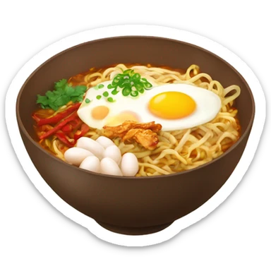 Hot noodles in a brown bowl with eggs chili and chicken  sticker