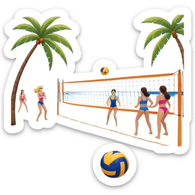 A volleyball resting on the orange sand of a beach, with a volleyball net in the background. The scene includes a beautiful beach landscape with blue sea, sky, and palm trees, while a couple of women in swimsuits play in the distance, capturing the relaxed yet competitive vibe of beach volleyball. sticker