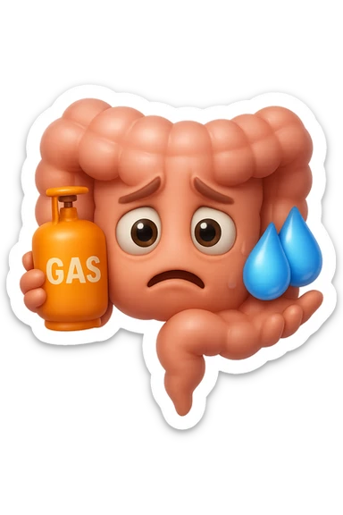 EMOJI STILE IPHONE DI un'intestino preoccupato che ha una bombola di gas con la scritta "GAS" SOPRA in mano e due gocce di acqua in 3d nell'altra mano, IPERREALISTICO 4K sticker