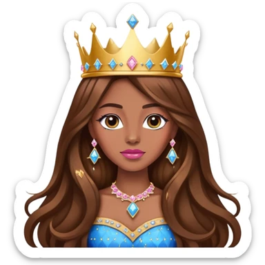 Queen, brown long hair, big golden crown encrusted with pink diamonds, black dress with blue diamonds sticker