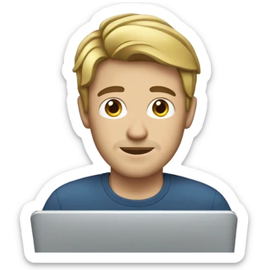 Man with brown hair and blonde tips working on laptop sticker