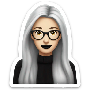 Attractive Caucasian woman with long grey wearing wire frame glasses and black lipstick; black sweater  sticker