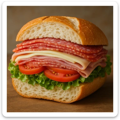 a classic Italian sub sandwich, cut in half to show fillings, with salami, ham, cheese, lettuce, and tomato sticker