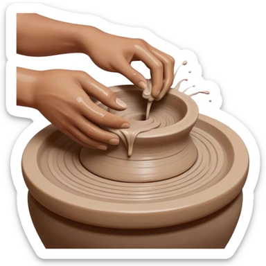 Cinematic Realistic image of a ceramic pottery wheel in action, with skilled hands shaping wet clay into a graceful form, featuring intricate details of swirling textures and gentle water splashes, illuminated by soft, artisanal lighting sticker