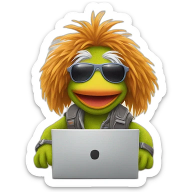 Fraggle with sunglasses working with laptop sticker