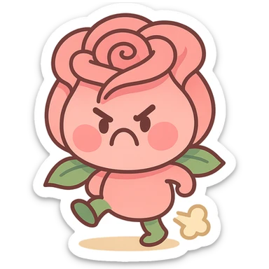soft pink rose flower with puffed cheeks and an angry pouty face, stomping adorably, pastel tones, chibi round shape, pastel-toon style sticker