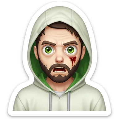 zombie with shocked expression, undercut hairstyle with dark brown hair, short full beard, heterochromia with one green eye and one brown eye, wearing plain white hoodie with hood up sticker
