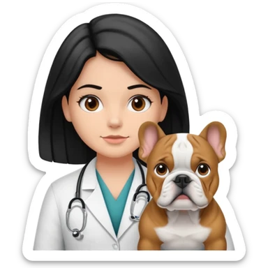 joven médico con el pelo un poco largo pero no tanto y lacio, que tenga un estetoscopio de color de piel tez negra calida !!! que sostiene un bulldog francés blanco y negro  sticker