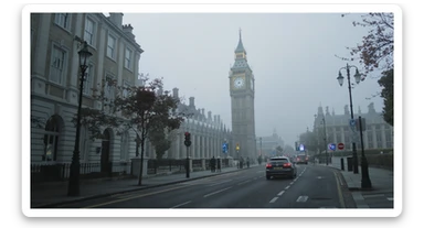 Cinematic shot of a london street, cloudy foggy day, soft light, leading lines to big ben in distance, multi composition, in foreground blurred car, on second street around UK bulding, od another plan in distance big ben, birds flying, artistic look, captured on arri alexa 35 sticker