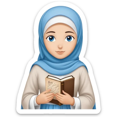 Turkish beautiful finish Konya girl blue eyes with cloudy hijab islamic long tailed dress and had on her hand text Eid Mubarak  sticker