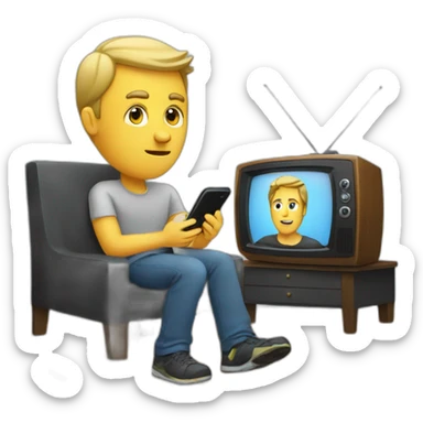 a man looking a phone in front of a television sticker