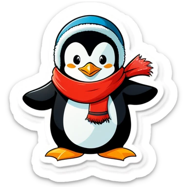 Pinguin der dick in Klamotten Mütze Schal und Jacke trägt der auf der auf dem Bauch ￼Eisscholle runterrutscht  sticker